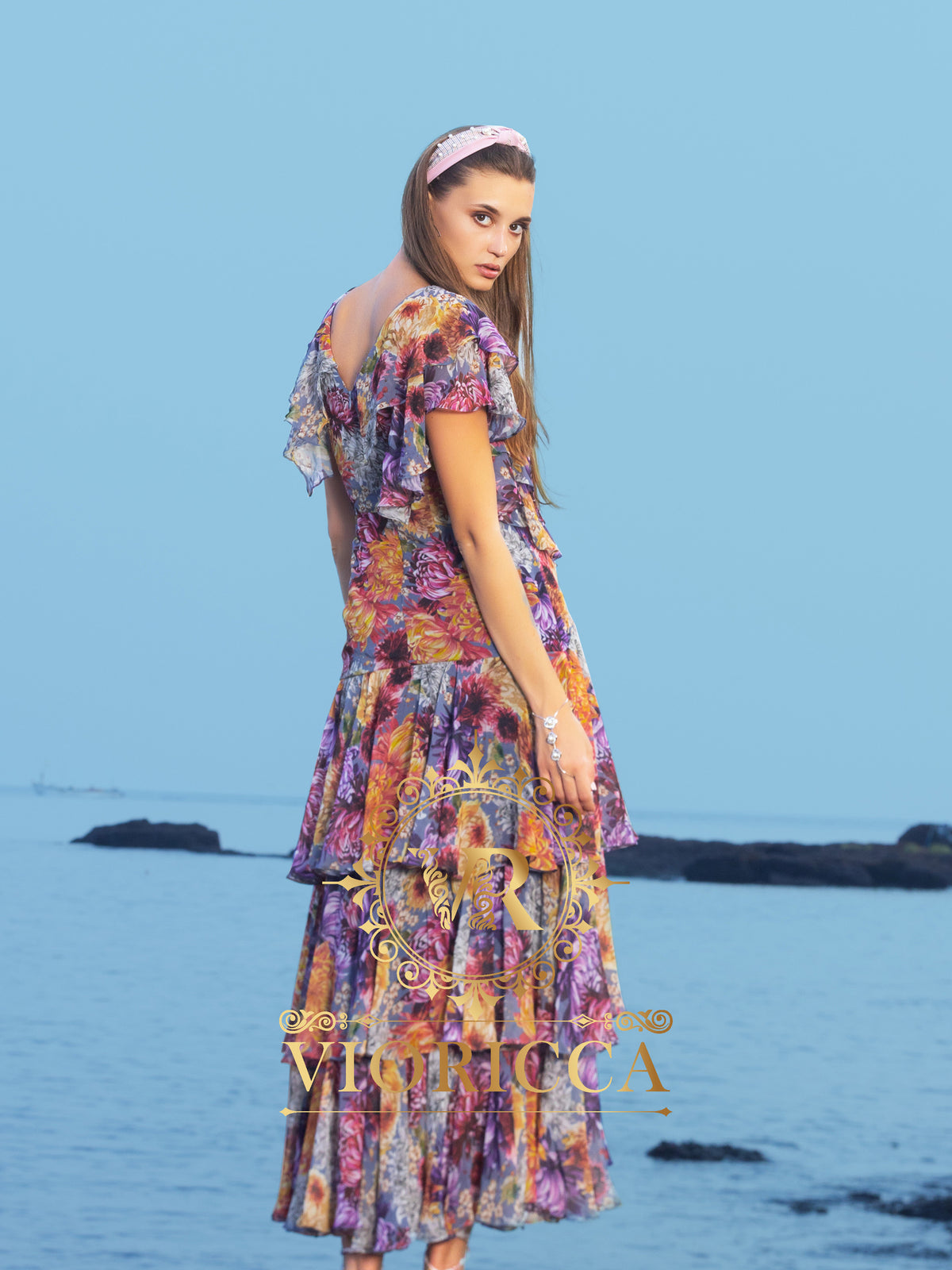 V-Neck Ruffle Tiered Long Dress – Satin Floral