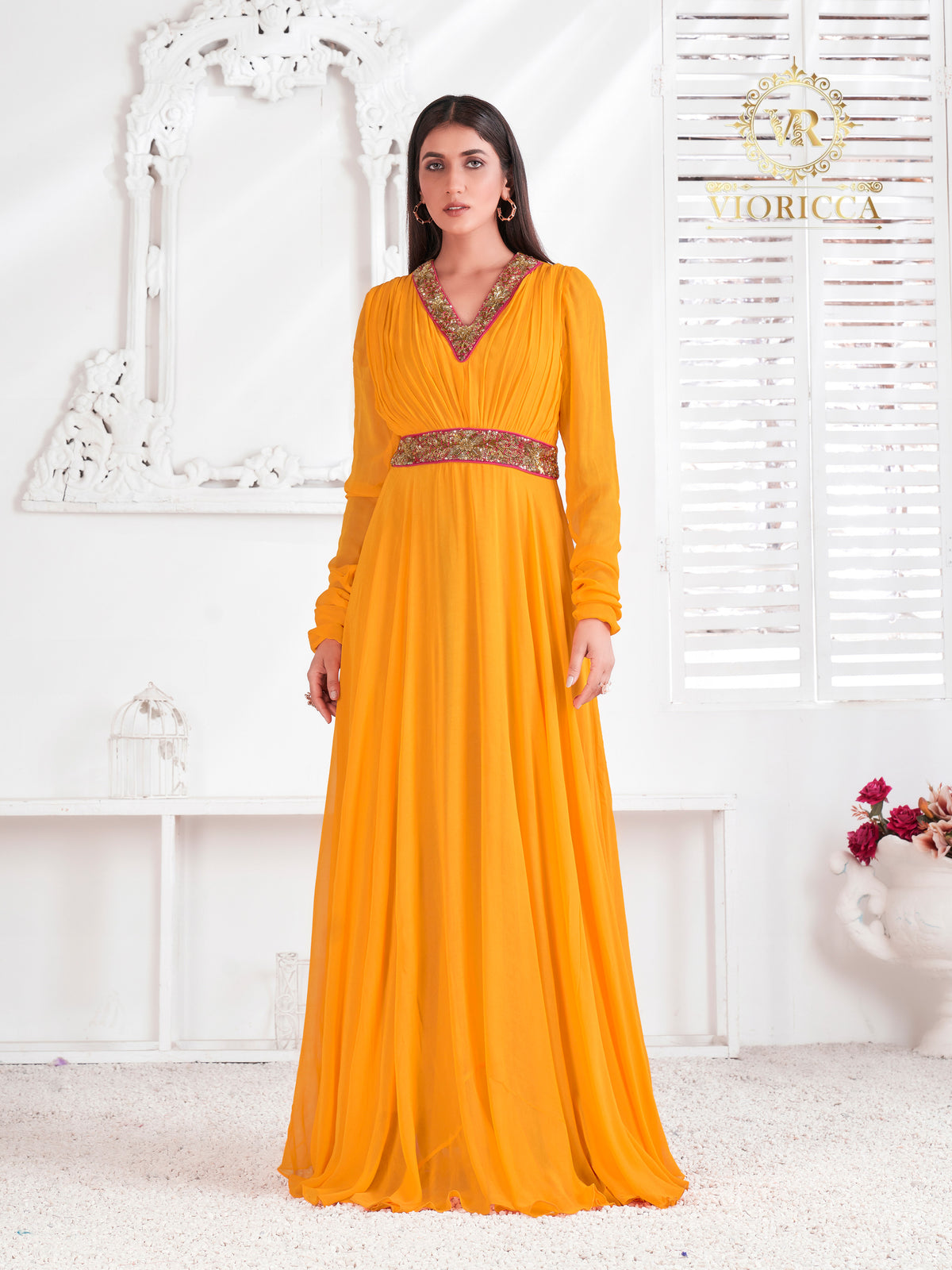 Fantasy — Dark Yellow Hand Embellished Long Dress