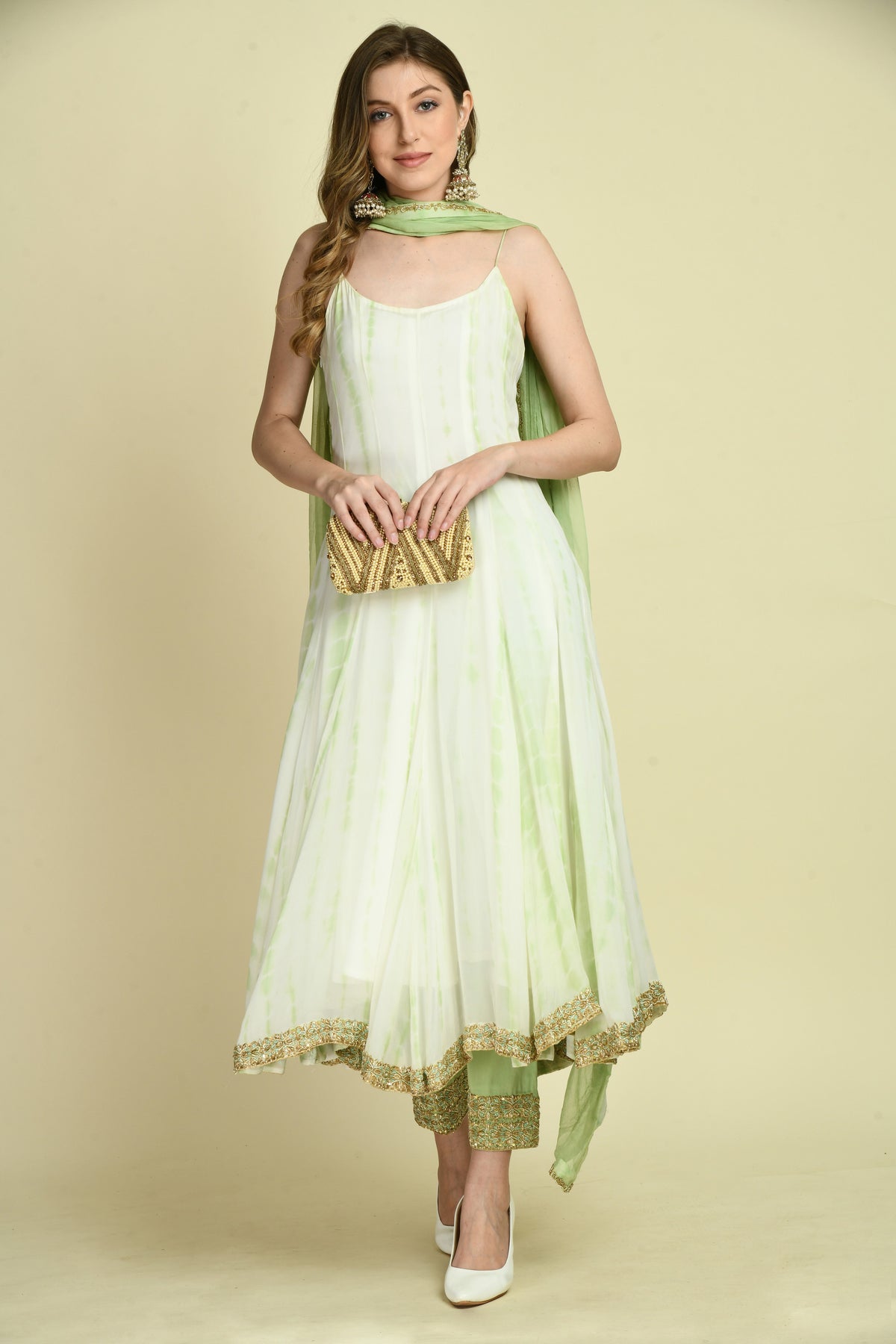 Hand Embellished Long Dress Set with Straight Pant and Dupatta