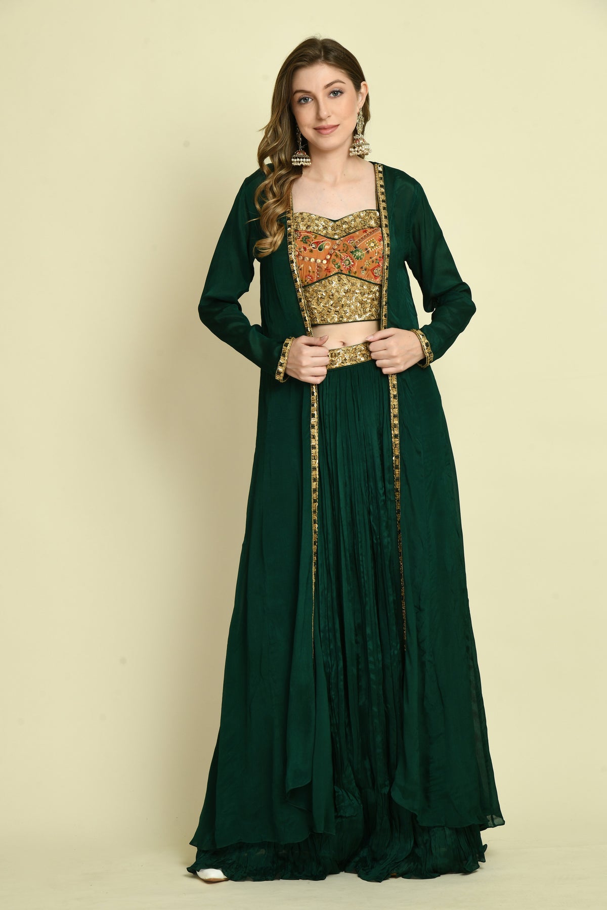 3-Piece Velvet Crop Top, Gathered Skirt and Long Shrug Set