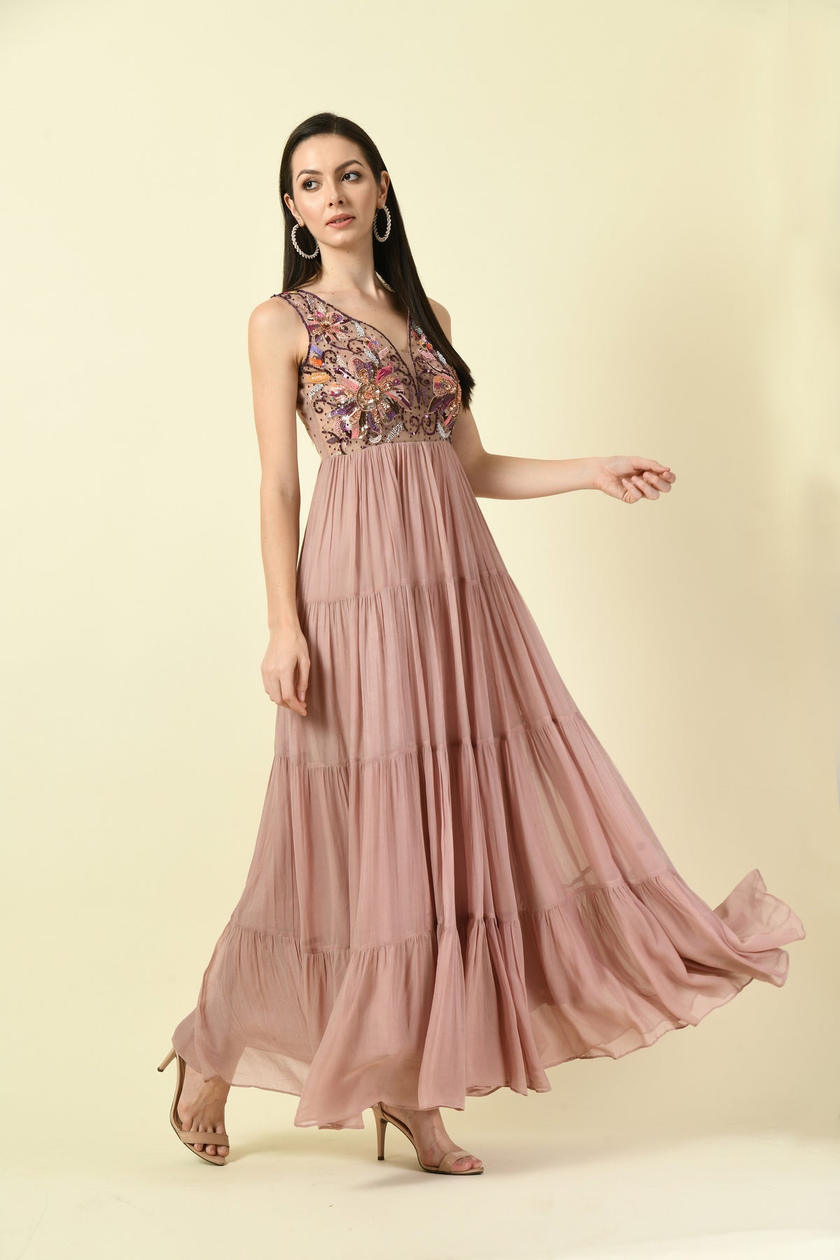 Onion Pink Hand Embellished Sleeveless Long Dress
