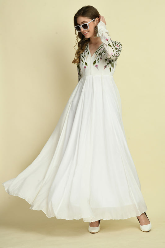 Bottle Green Floral Hand Embellished Full-Sleeve Crepe Long Dress