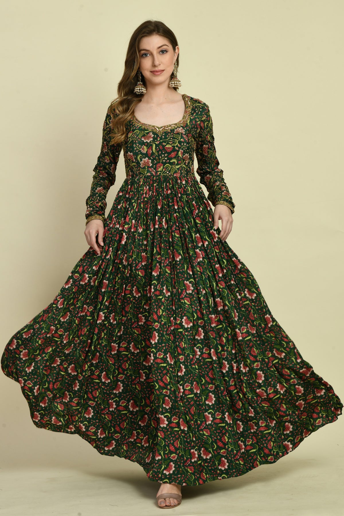 Green Floral Hand Embellished Full-Sleeve Long Dress with Designer Back