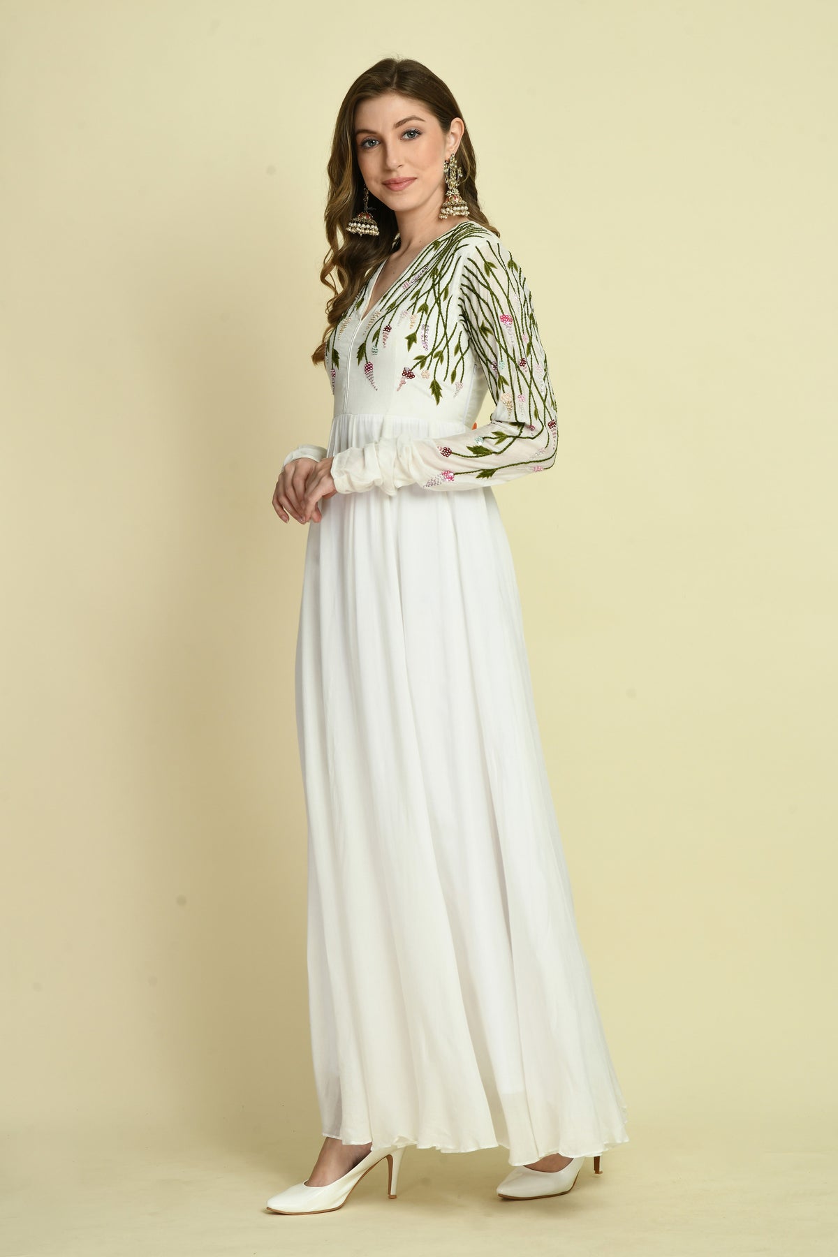 Bottle Green Floral Hand Embellished Full-Sleeve Crepe Long Dress
