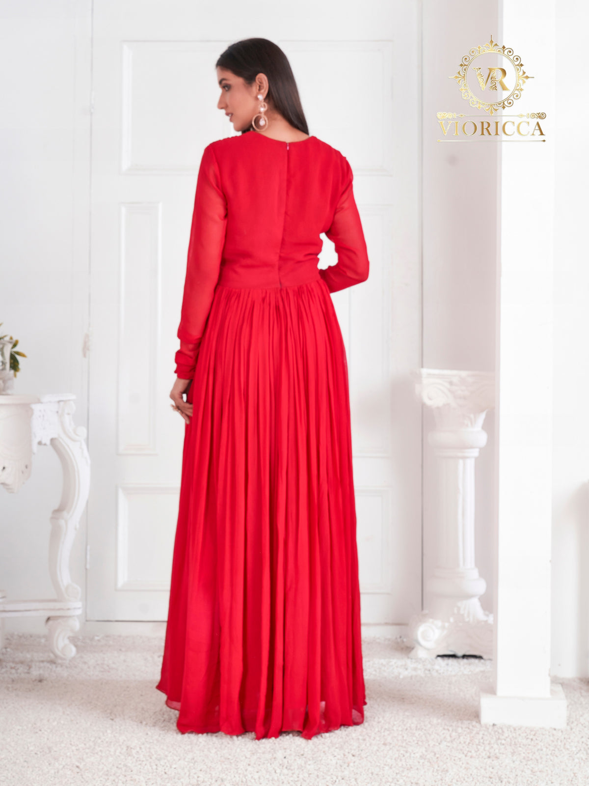 Anaisha – Red Long Dress with Golden Embellished Waistband