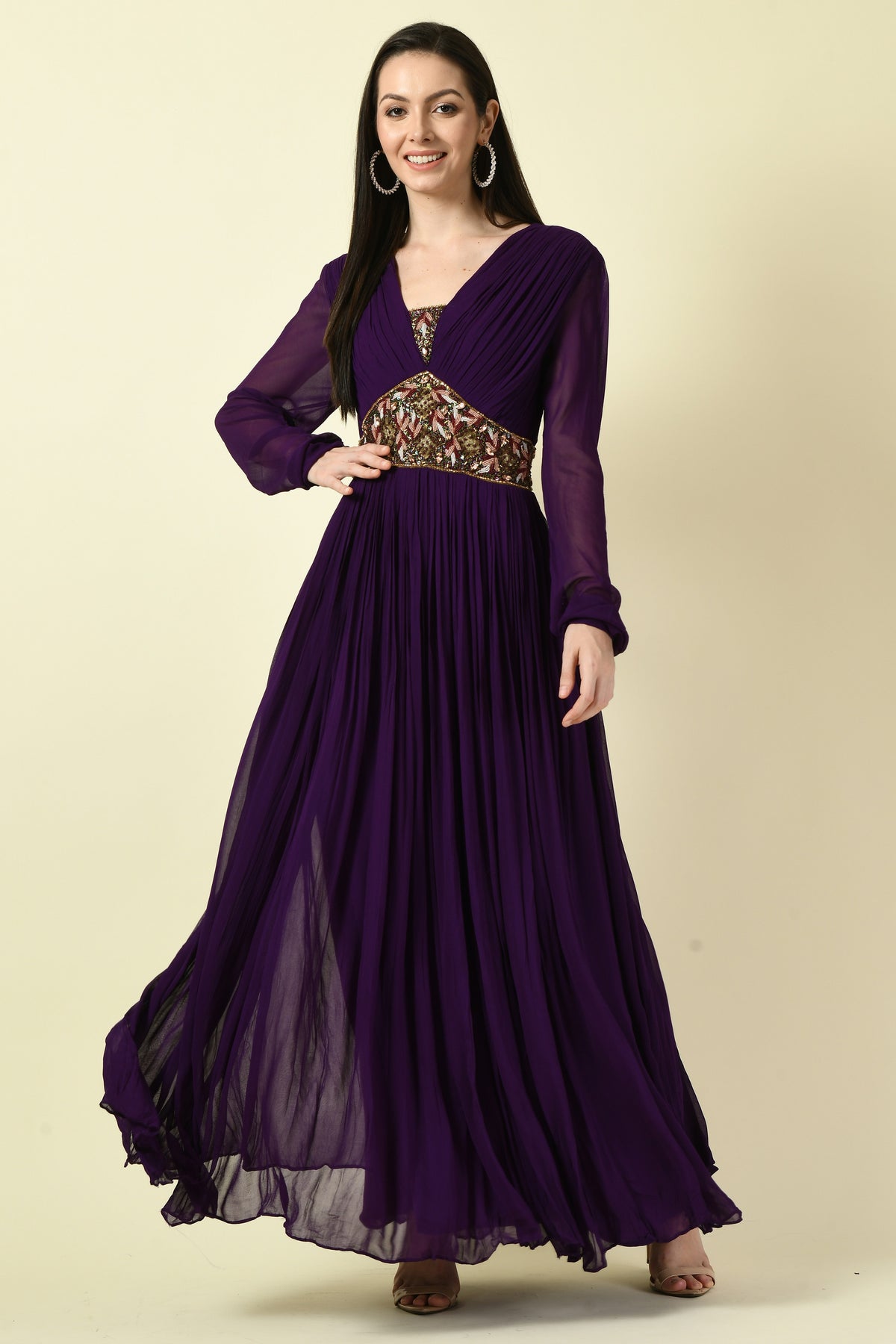 Dark Purple Hand Embellished Full-Sleeve Georgette Long Dress