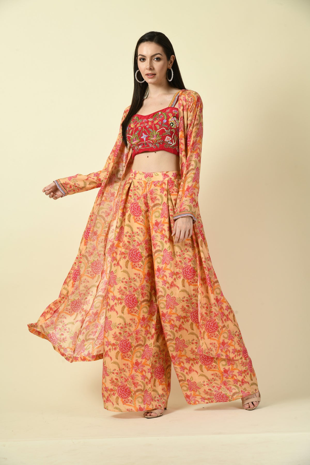 3-Piece Floral Long Shrug, Hand Embellished Crop Top and Trouser Set