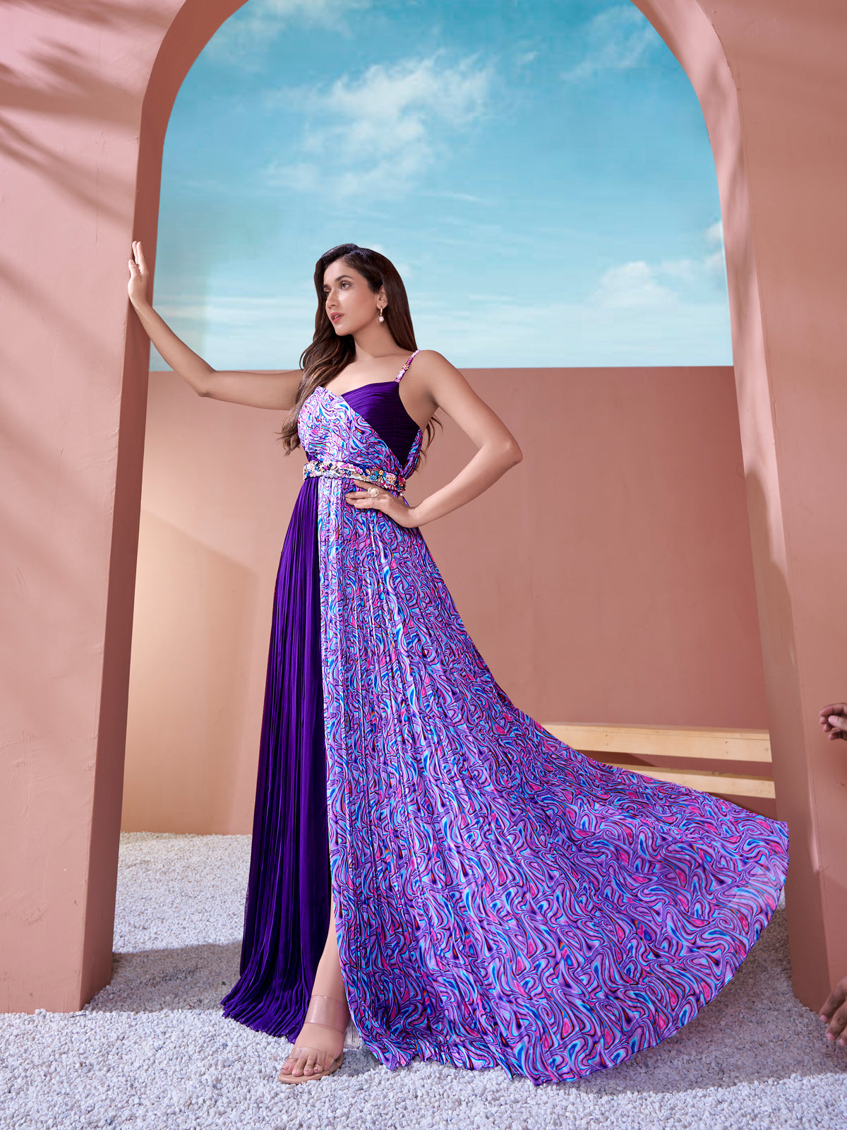 Purple Geometric Half-and-Half Long Dress with Embellished Belt