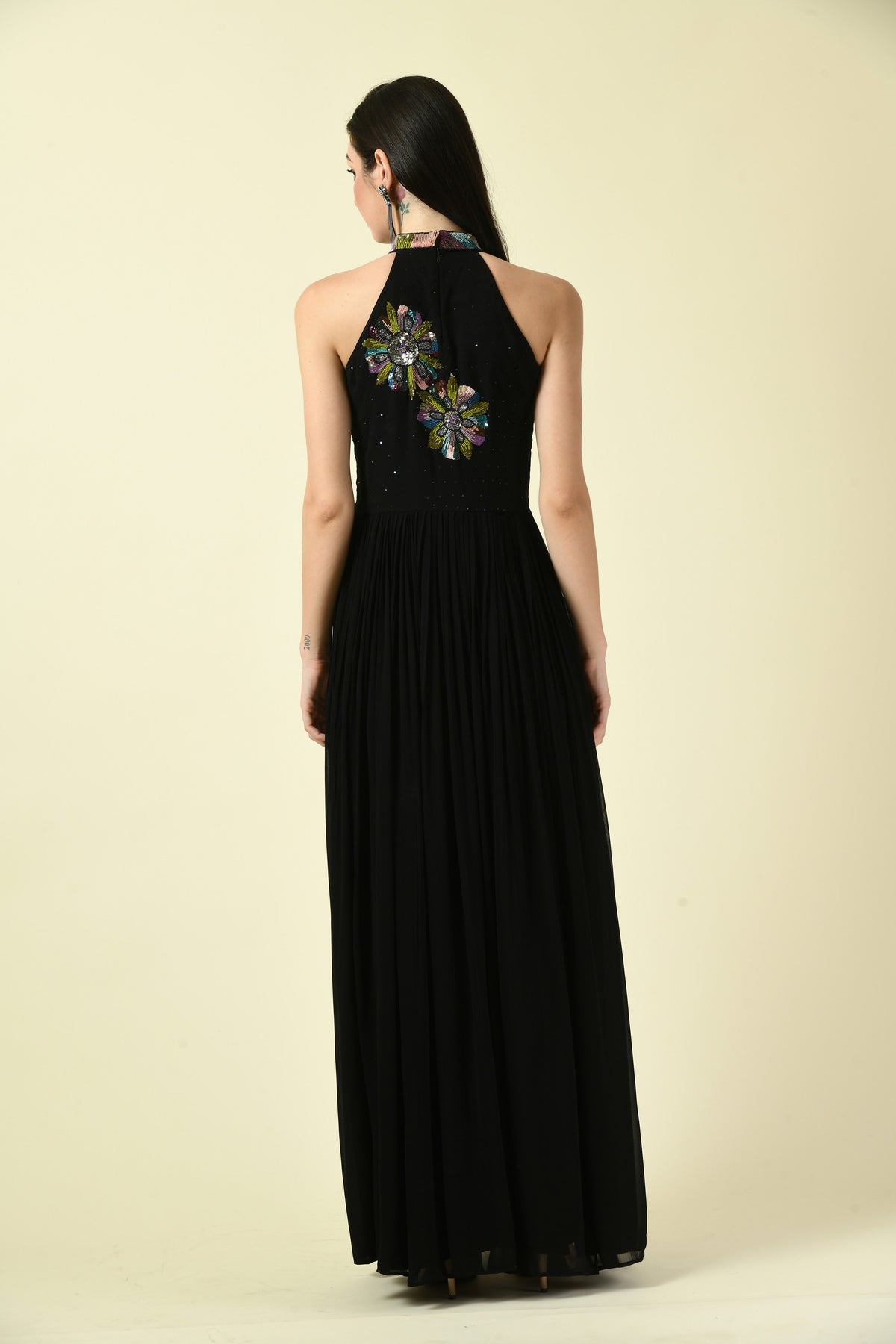 Black Hand Embellished Halter Neck Long Dress