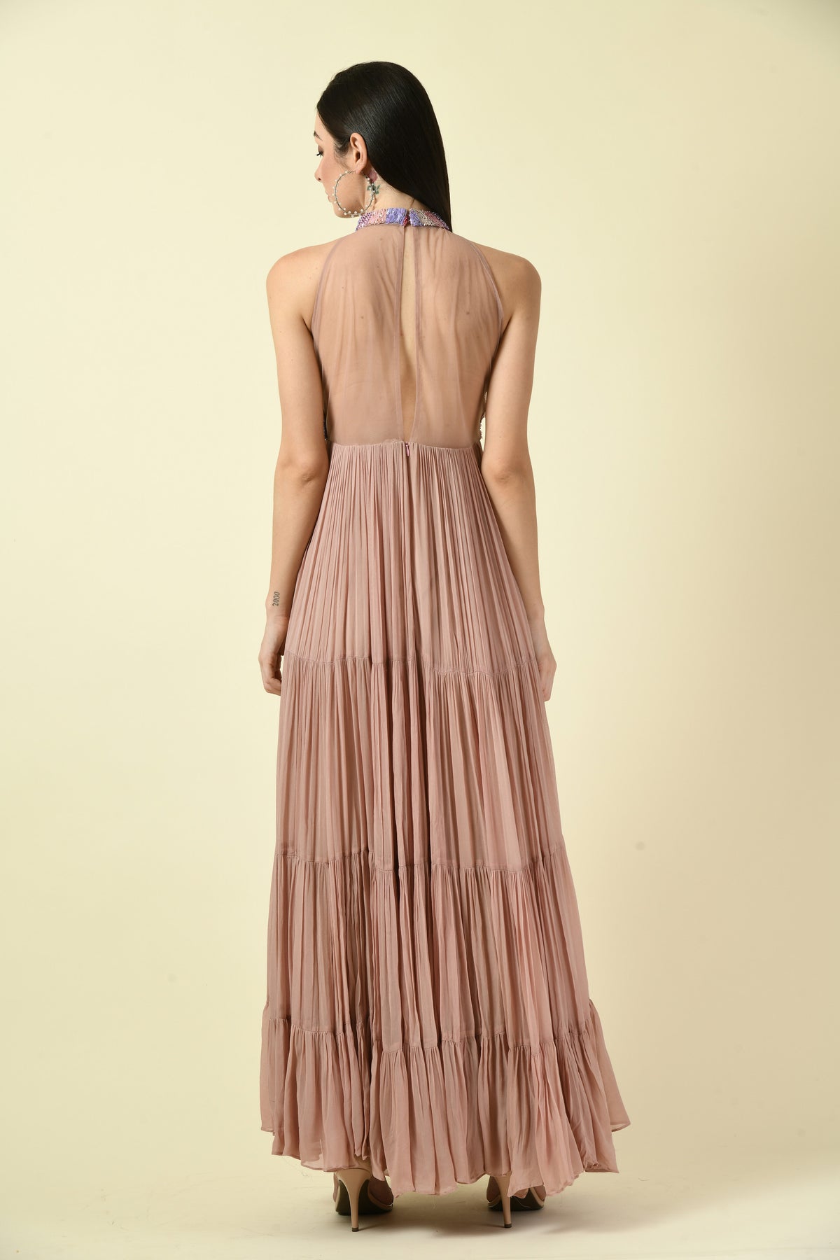 Onion Pink Hand Embellished Halter Neck Long Dress