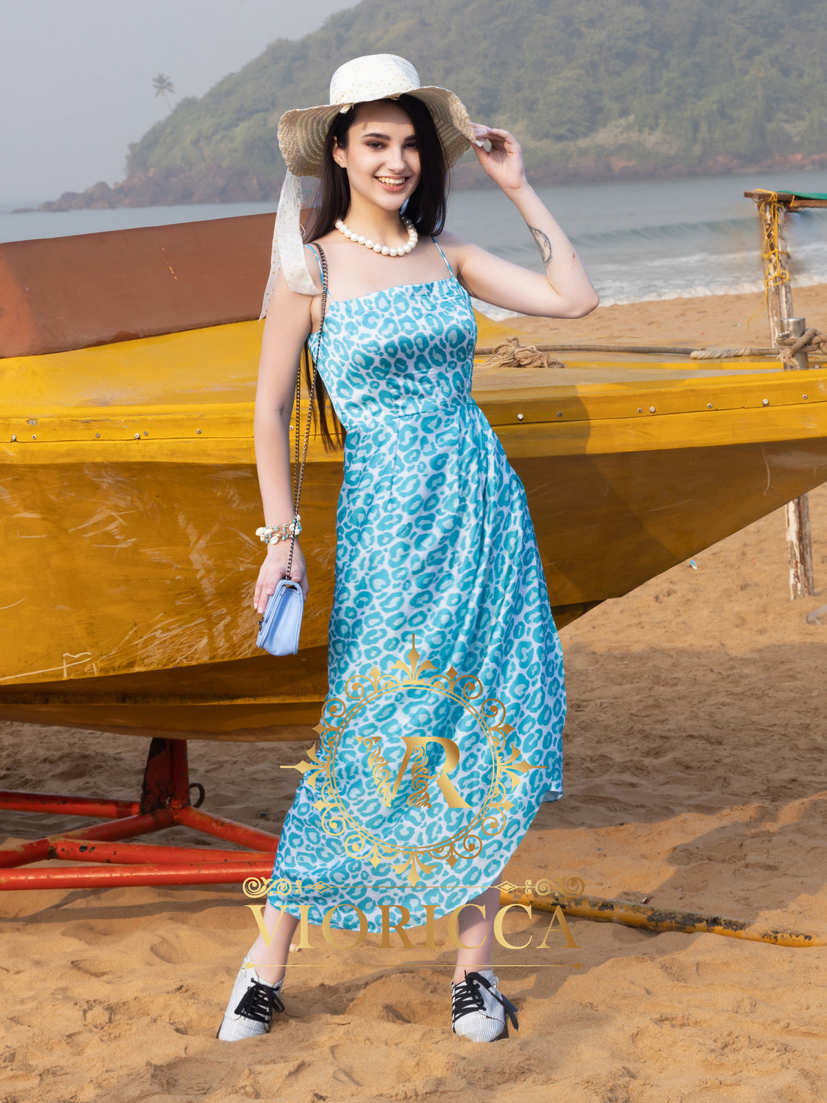 Spaghetti-Strap Draped Long Dress — Cheetah Print