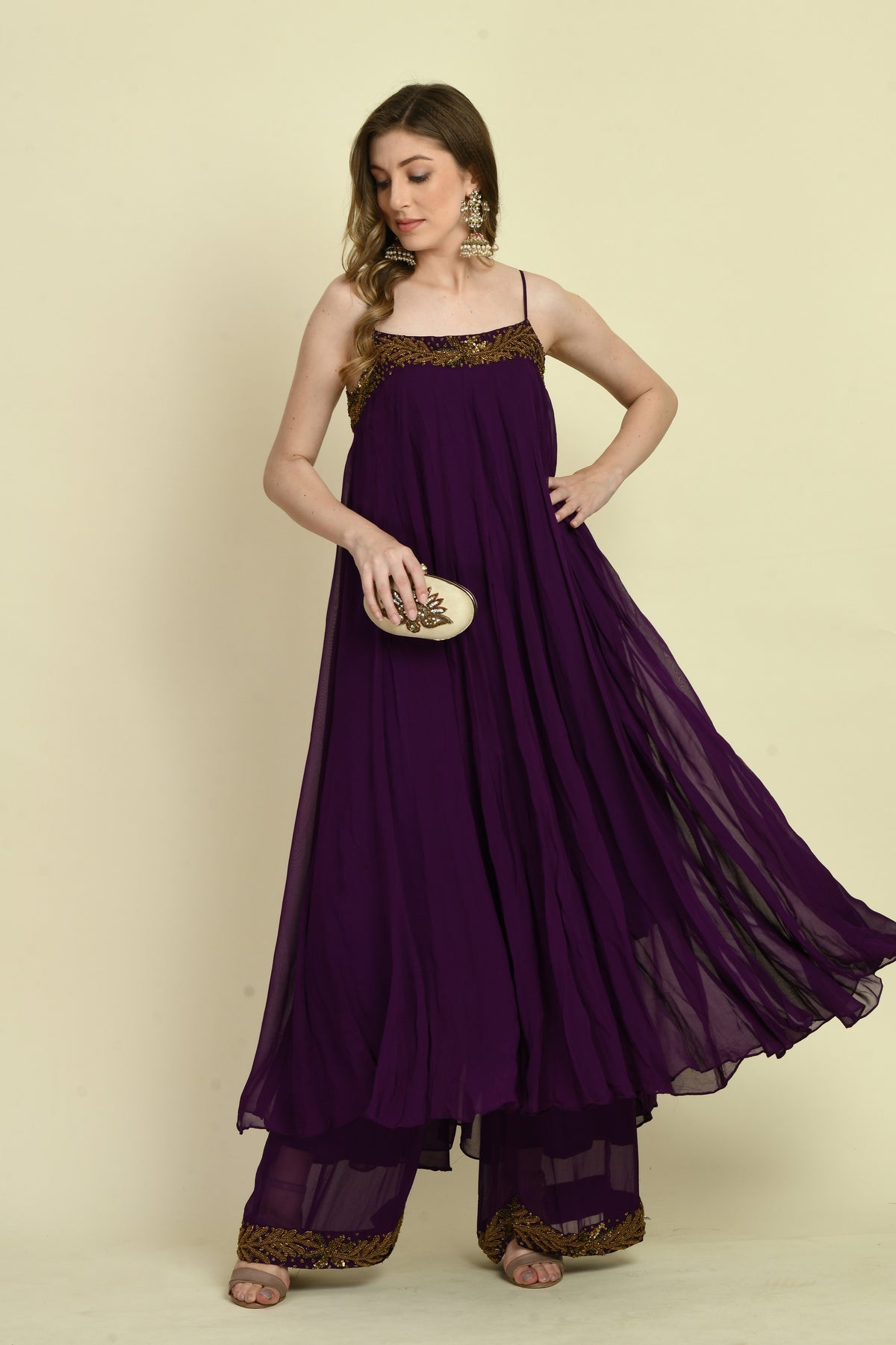 Hand Embellished Long Dress with Flared Palazzo — Dark Purple