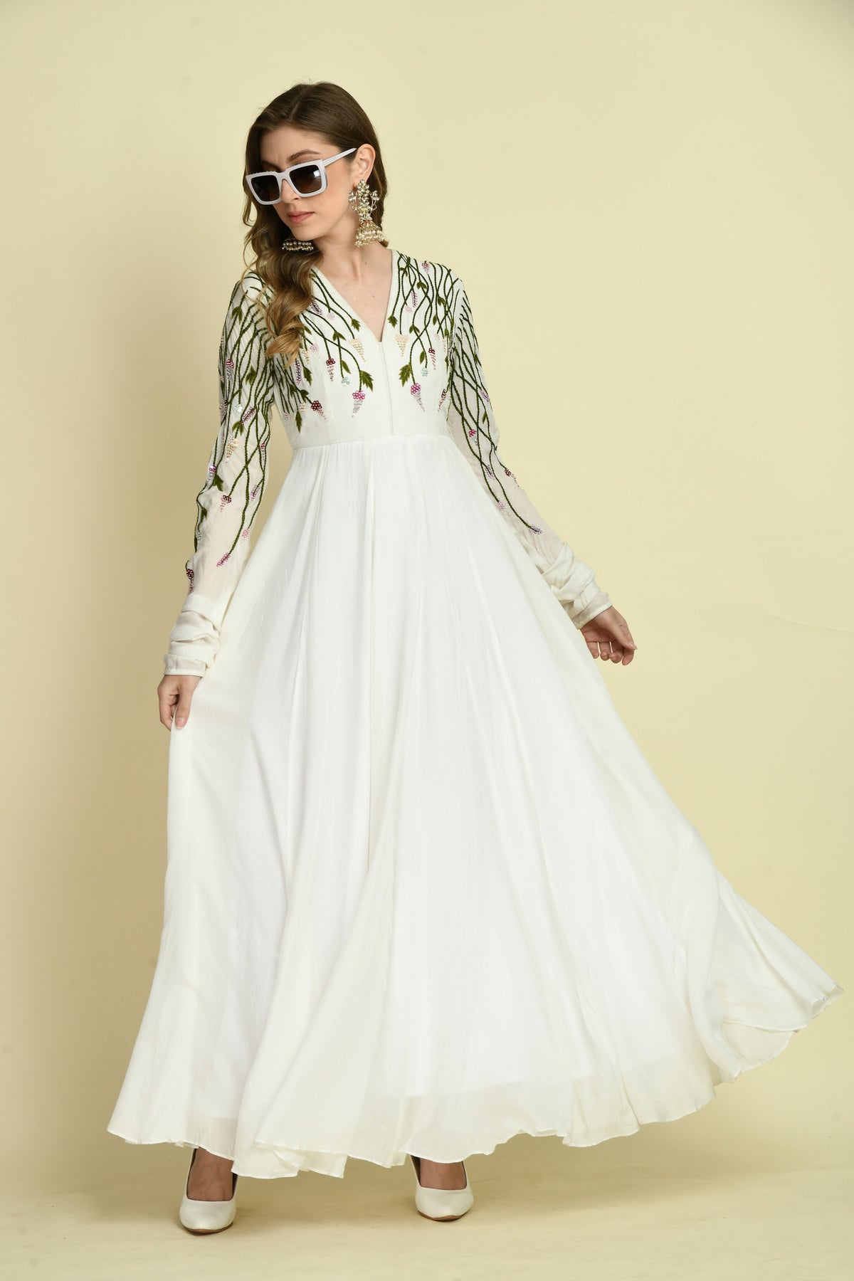 Bottle Green Floral Hand Embellished Full-Sleeve Crepe Long Dress