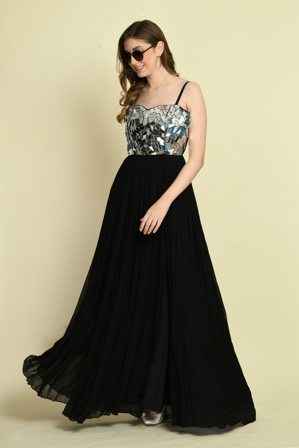 Black Mirror Work Hand Embellished Long Dress