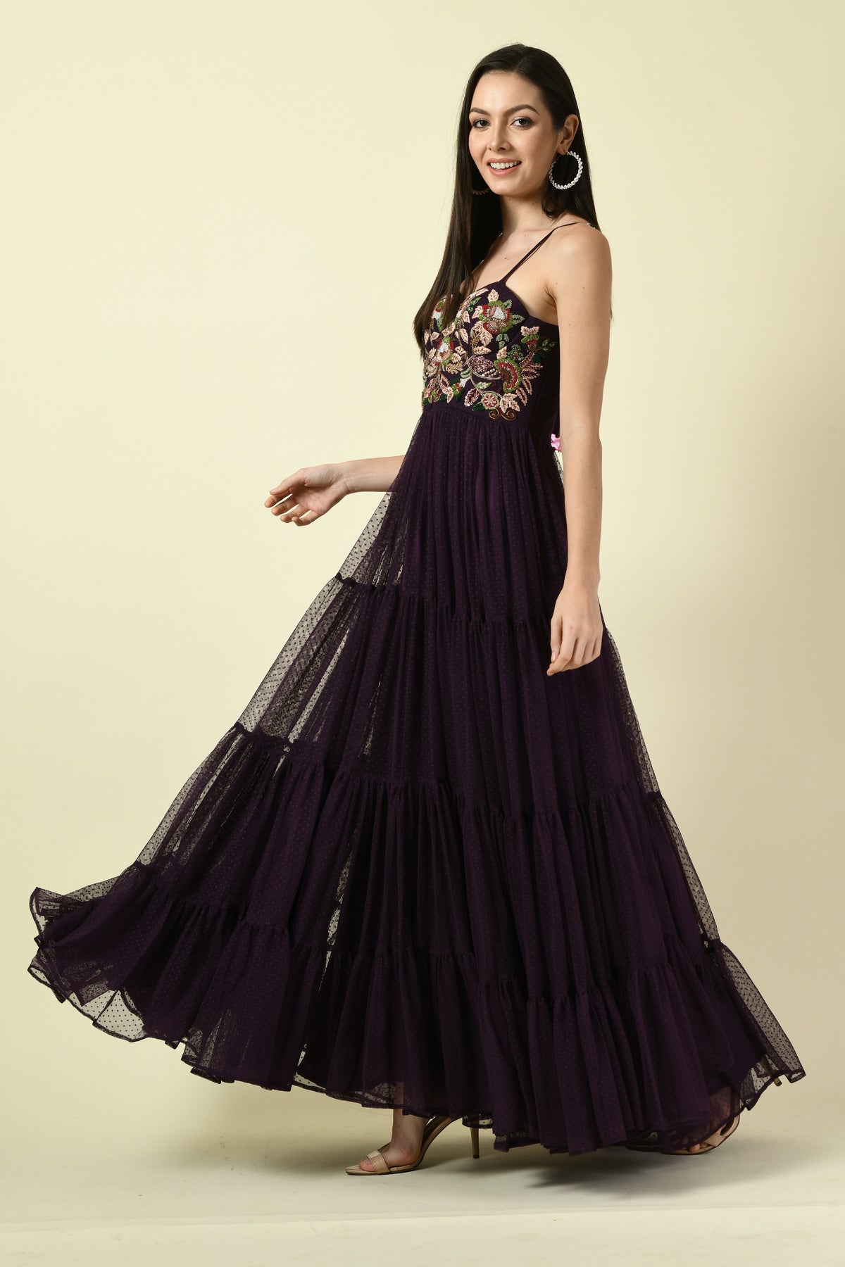 Wine Thread Hand Embellished Flared Net Long Dress