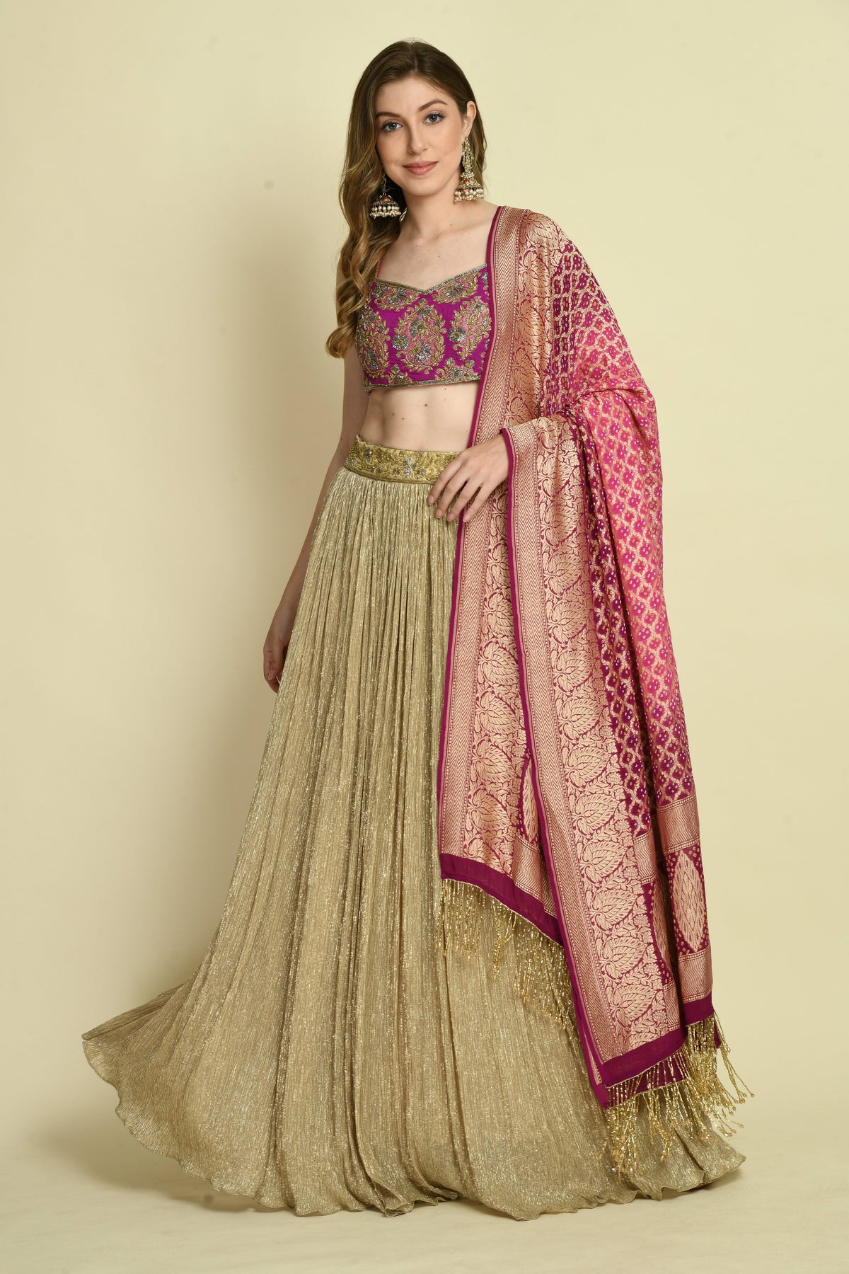 Wine Brocade Hand Embellished Crop Top and Golden Lehenga