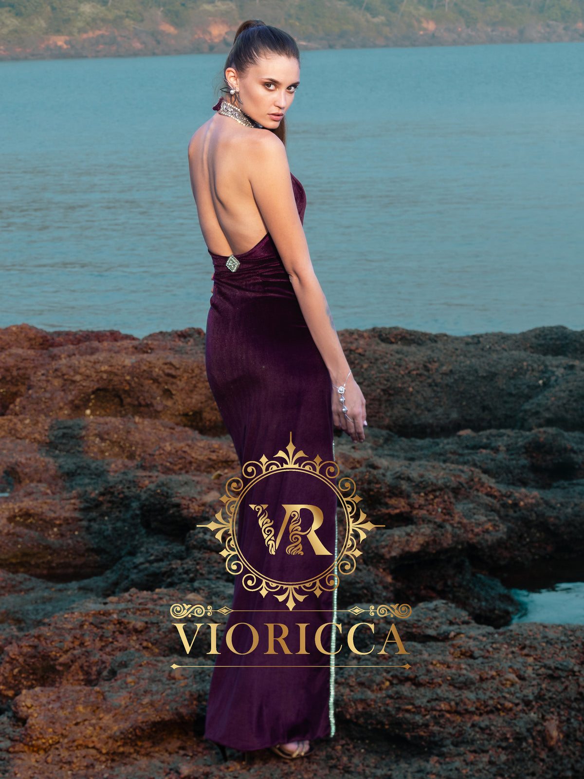 Wine Velvet Halter Backless Long Dress with Diamond Handwork