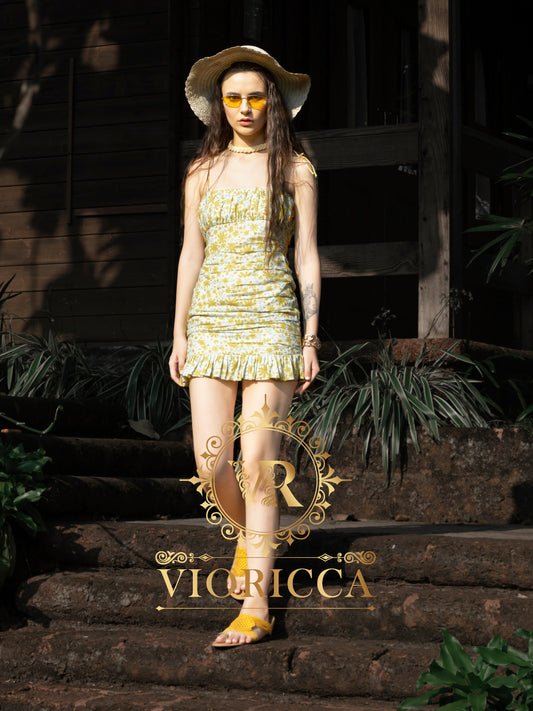 Gathered Spaghetti-Strap Short Dress — Floral Print