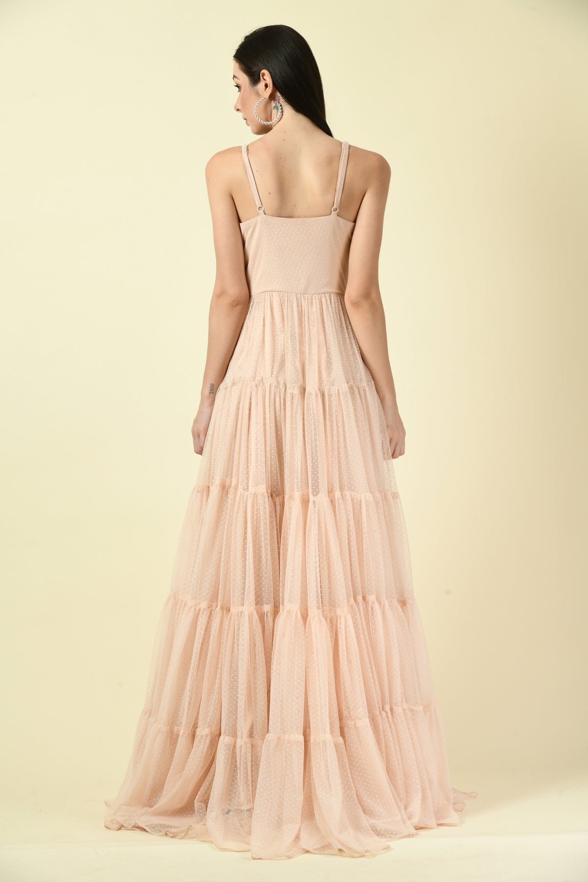 Peach Thread Hand Embellished Flared Net Long Dress