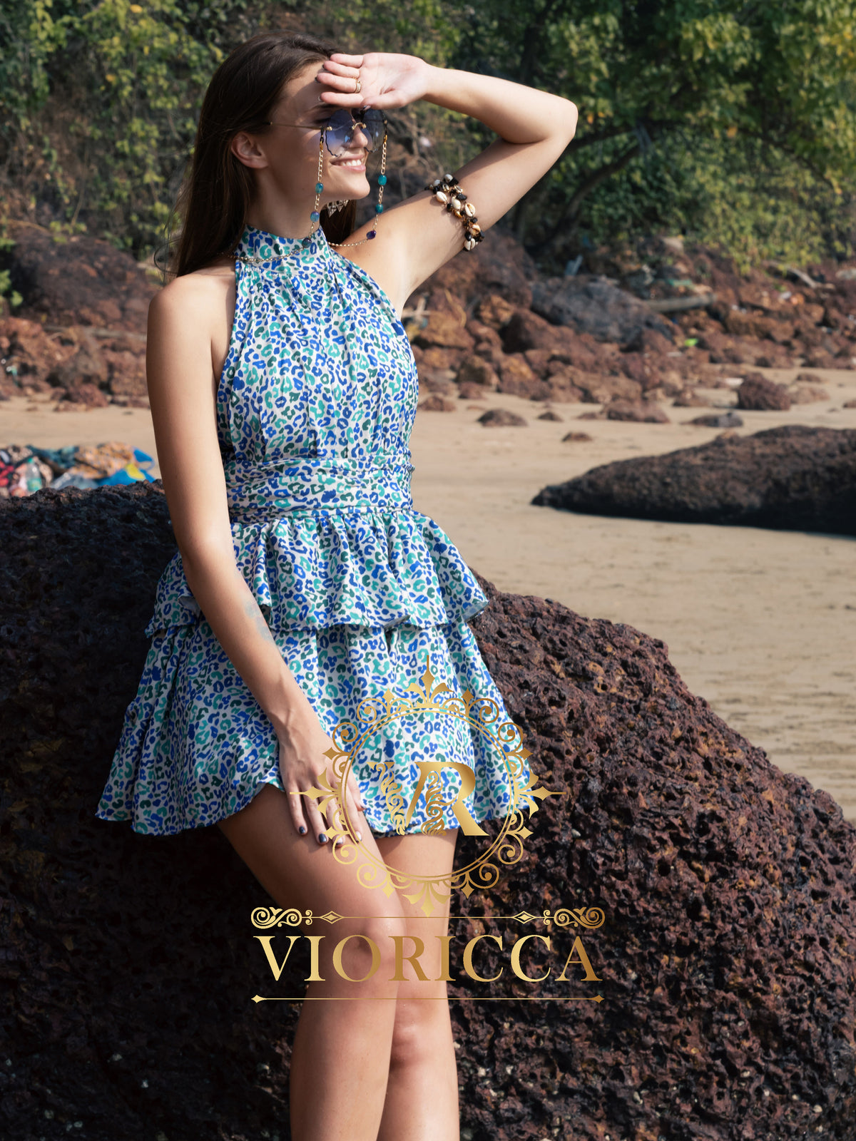 Halter High-Neck Backless Double-Frill Short Dress – Cheetah Print
