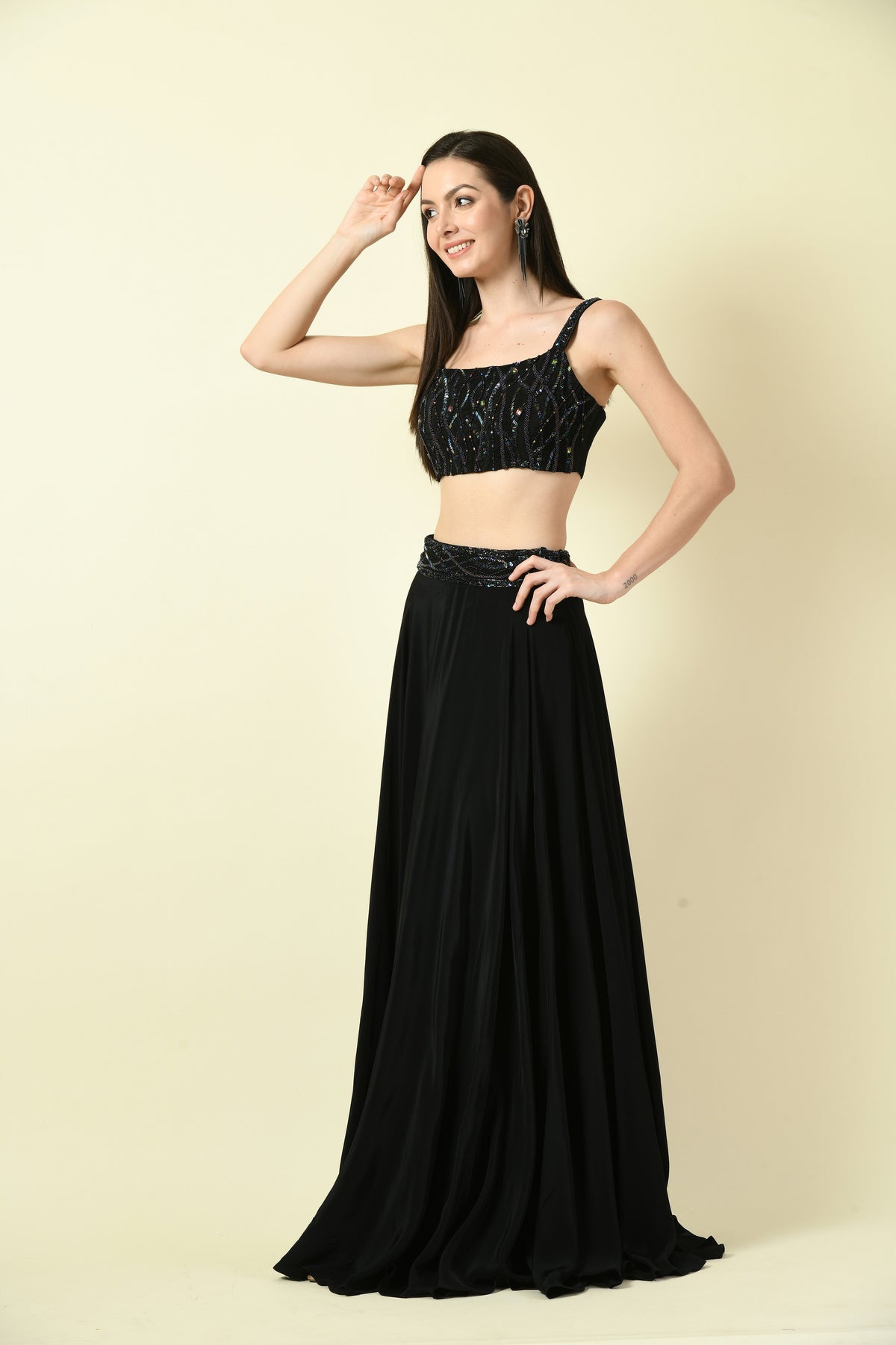 Black Hand Embellished Crop Top and Lehenga Set