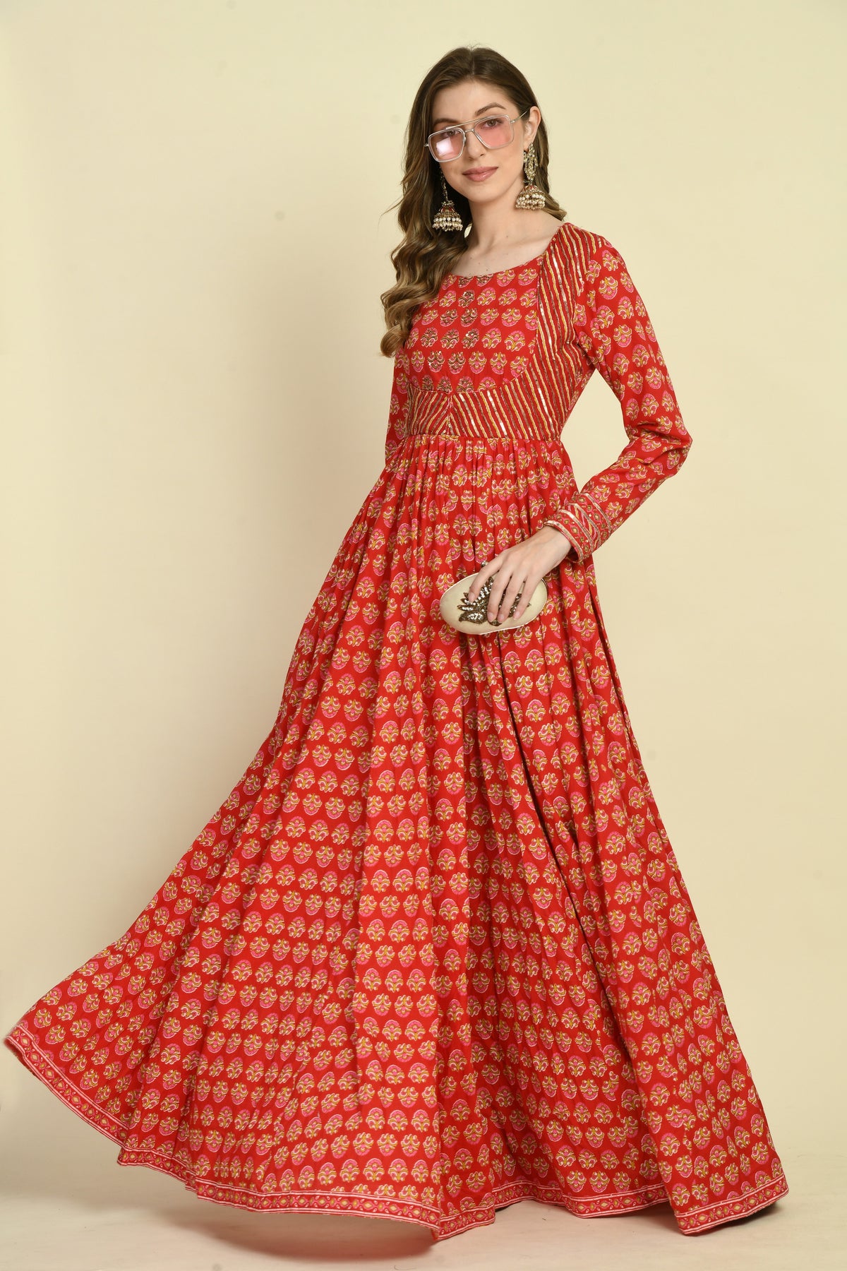 Red Floral Cotton Hand Embellished Full-Sleeve Long Dress