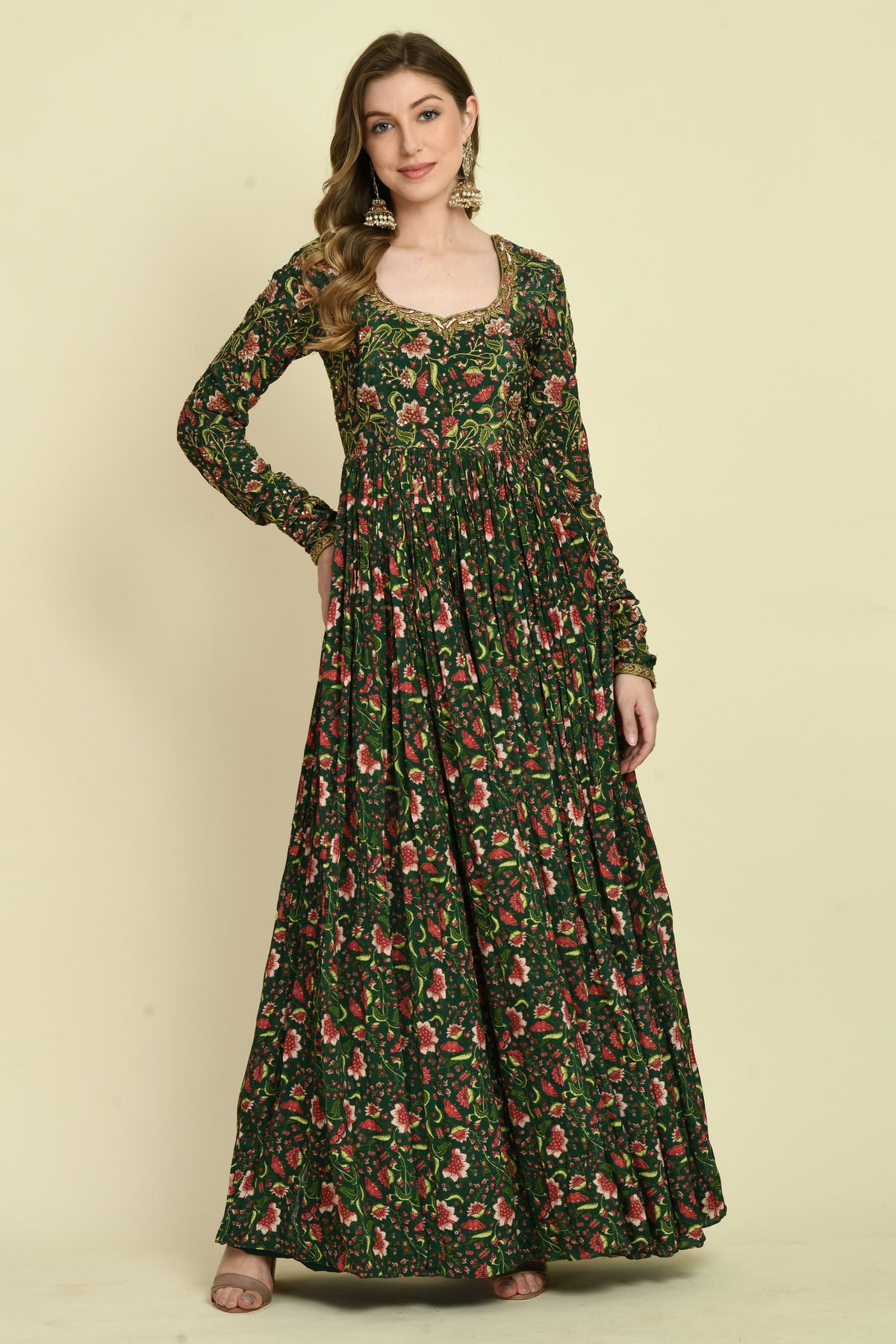 Green Floral Hand Embellished Full-Sleeve Long Dress with Designer Back