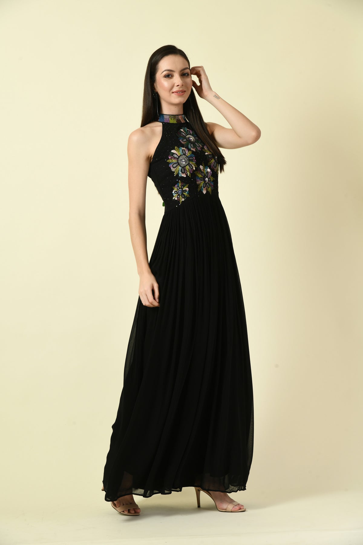 Black Hand Embellished Halter Neck Long Dress