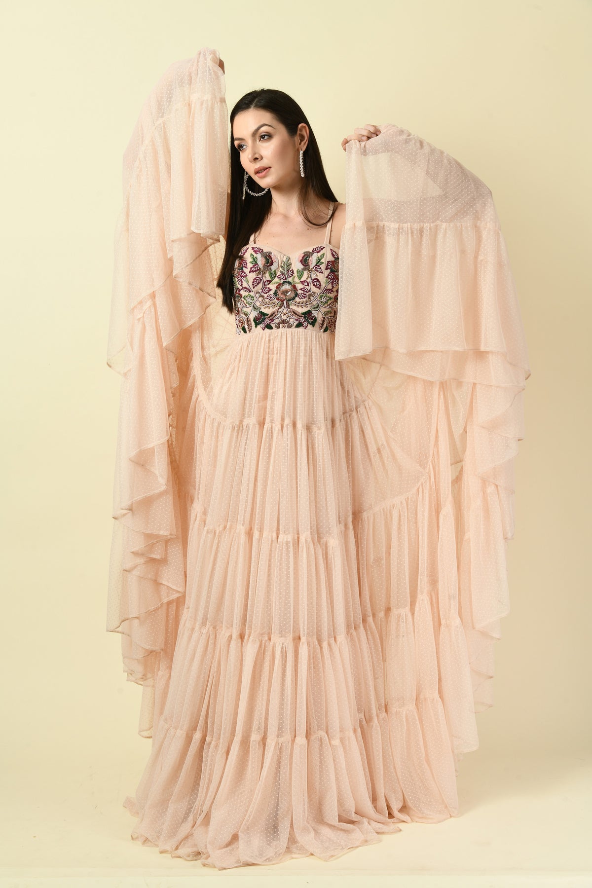 Peach Thread Hand Embellished Flared Net Long Dress