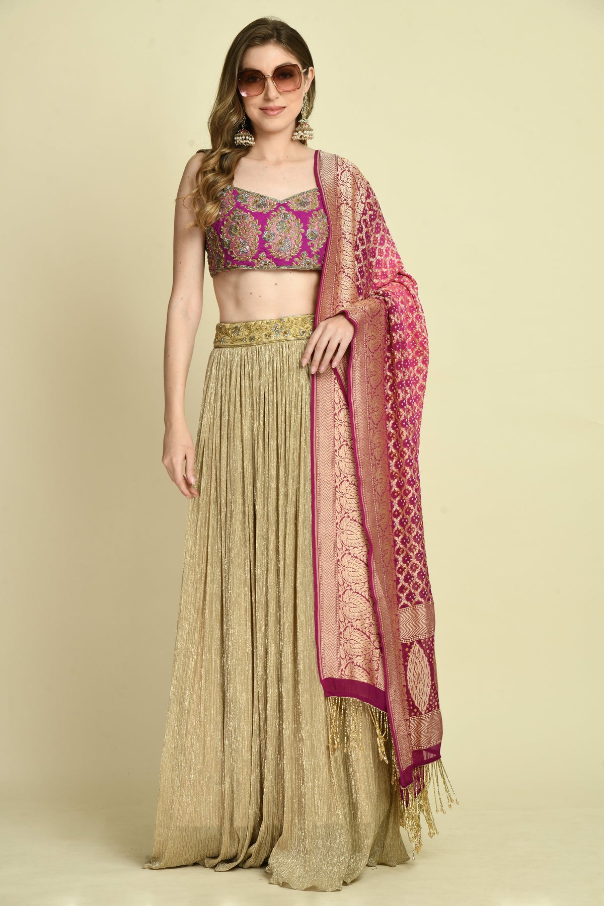 Wine Brocade Hand Embellished Crop Top and Golden Lehenga