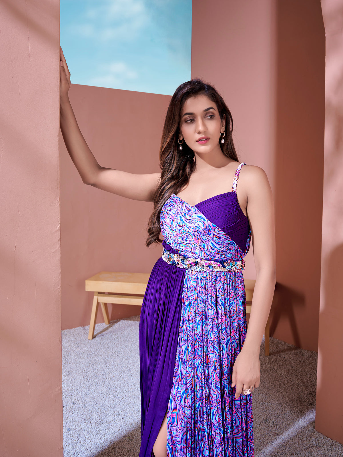 Purple Geometric Half-and-Half Long Dress with Embellished Belt
