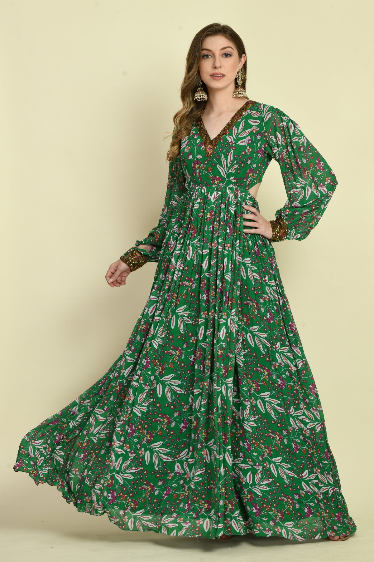 Floral Georgette V-Neck Hand Embellished Gathered Long Dress
