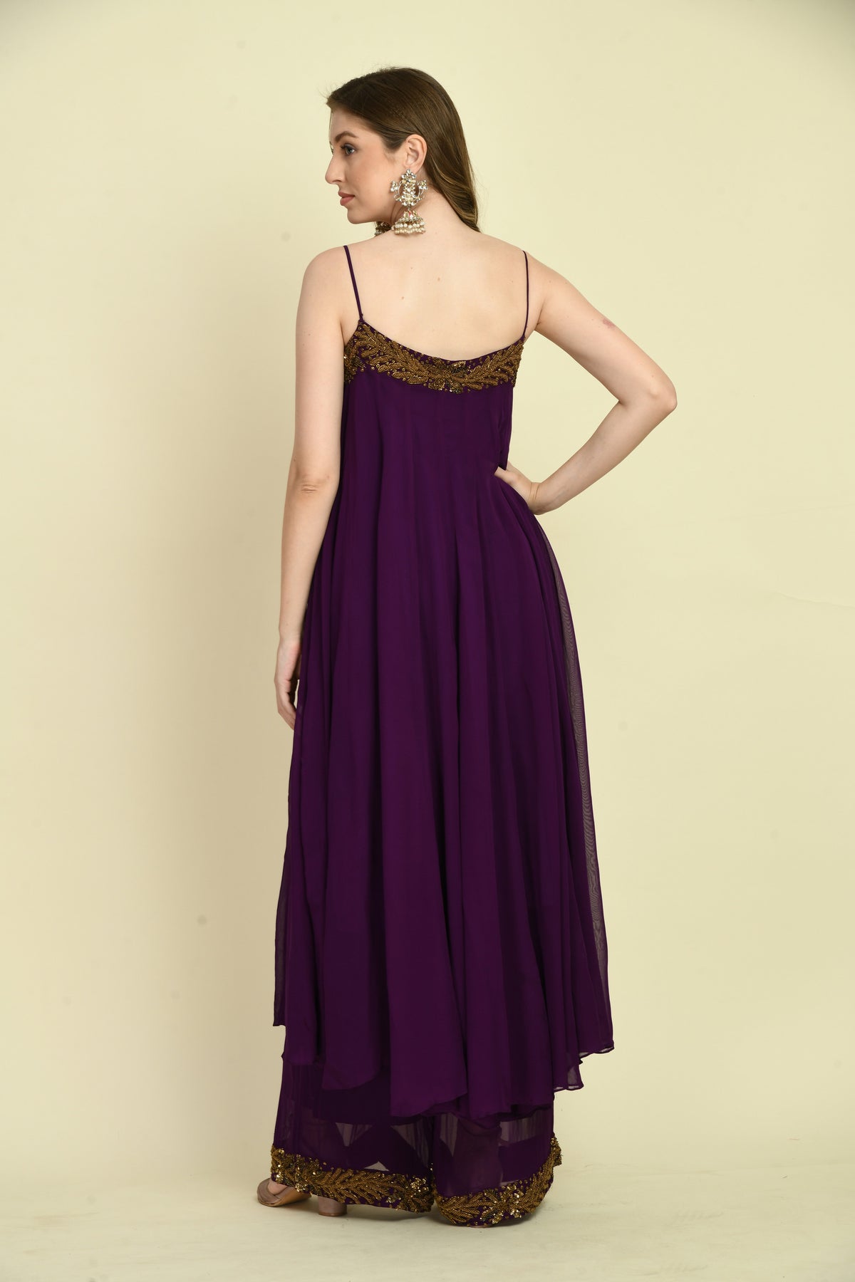 Hand Embellished Long Dress with Flared Palazzo — Dark Purple