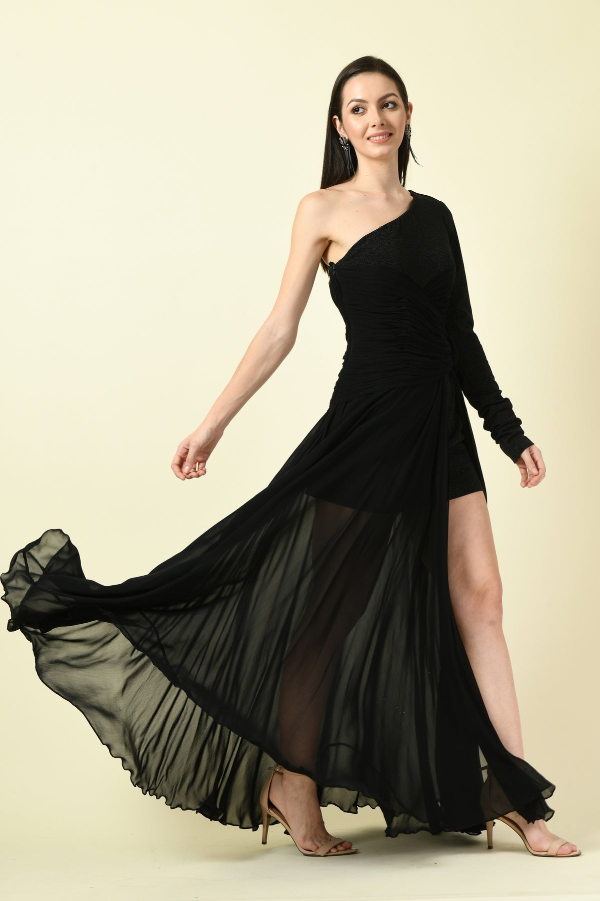 Black Asymmetric Bangle-Sleeve Georgette Long Dress