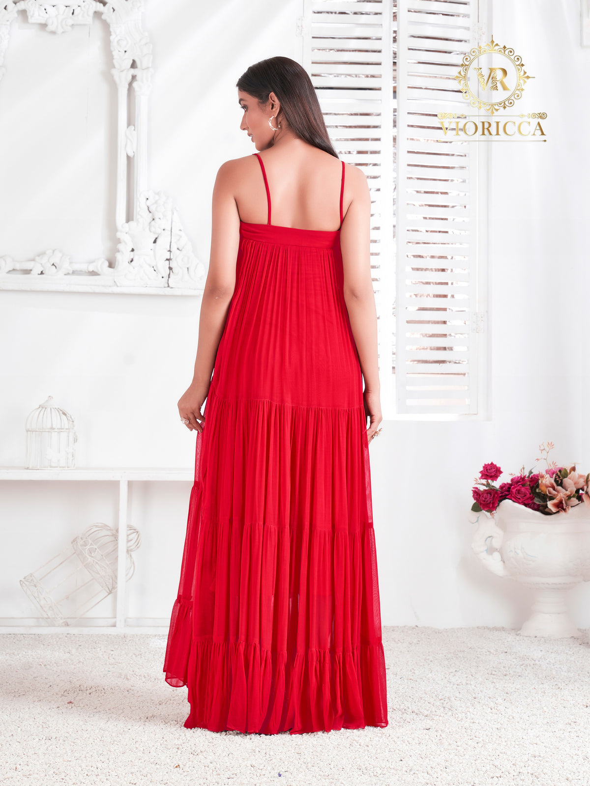 Barbara – Red Square-Neck Hand Embellished Long Dress