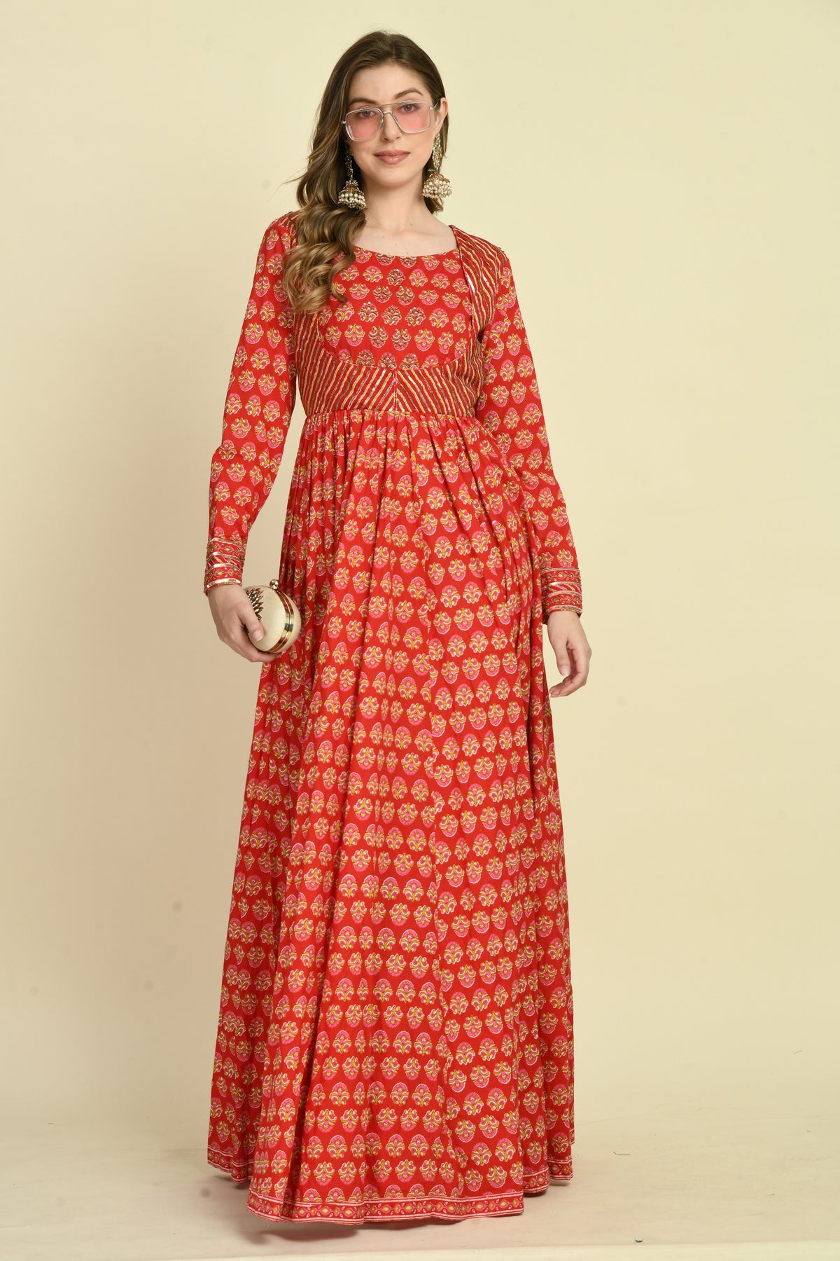 Red Floral Cotton Hand Embellished Full-Sleeve Long Dress