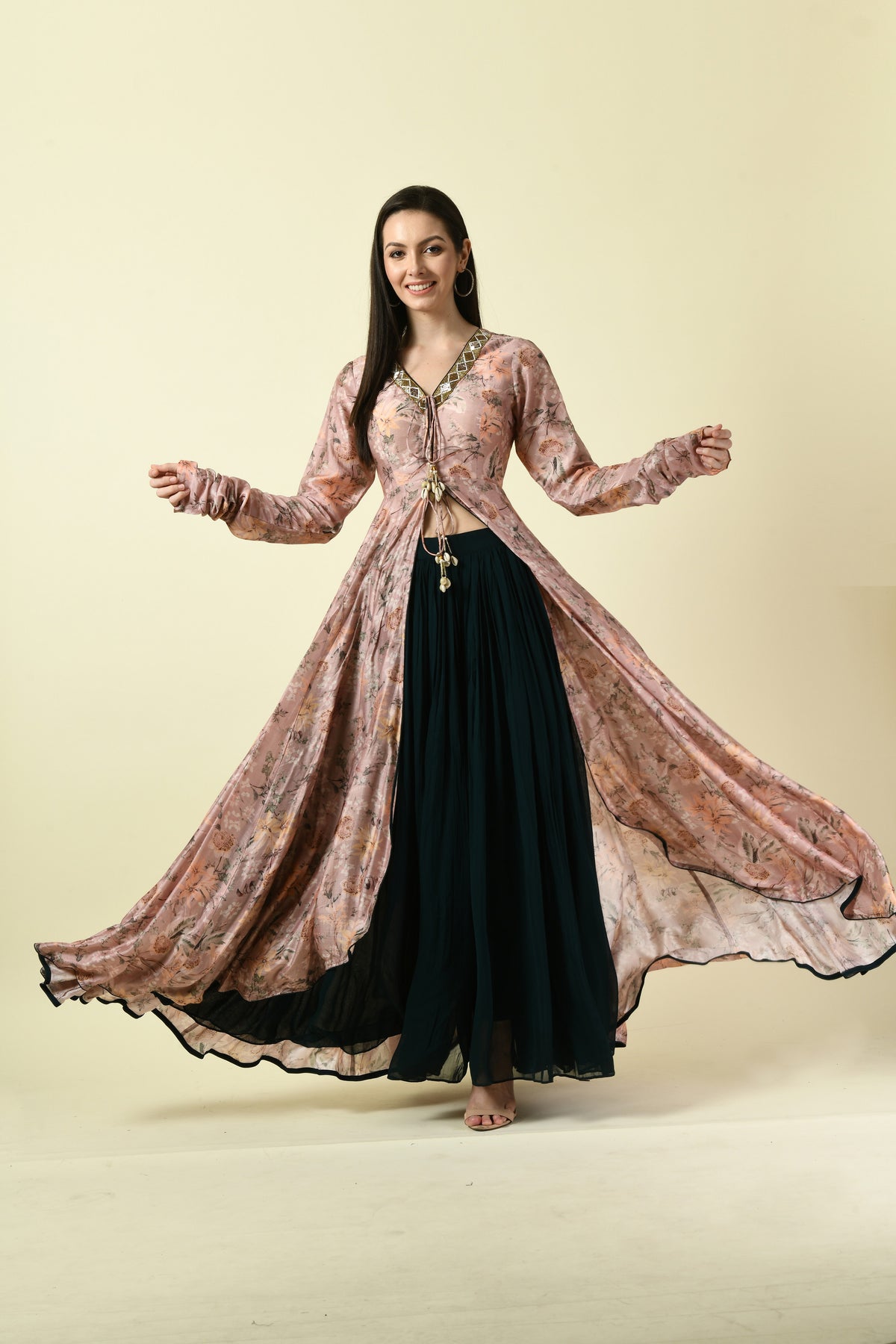 Onion Pink Hand Embellished Floral Kurti with Bottle Green Palazzo
