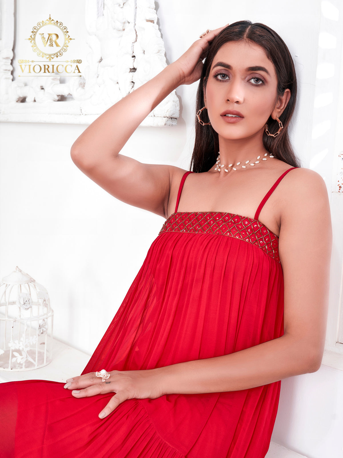 Barbara – Red Square-Neck Hand Embellished Long Dress