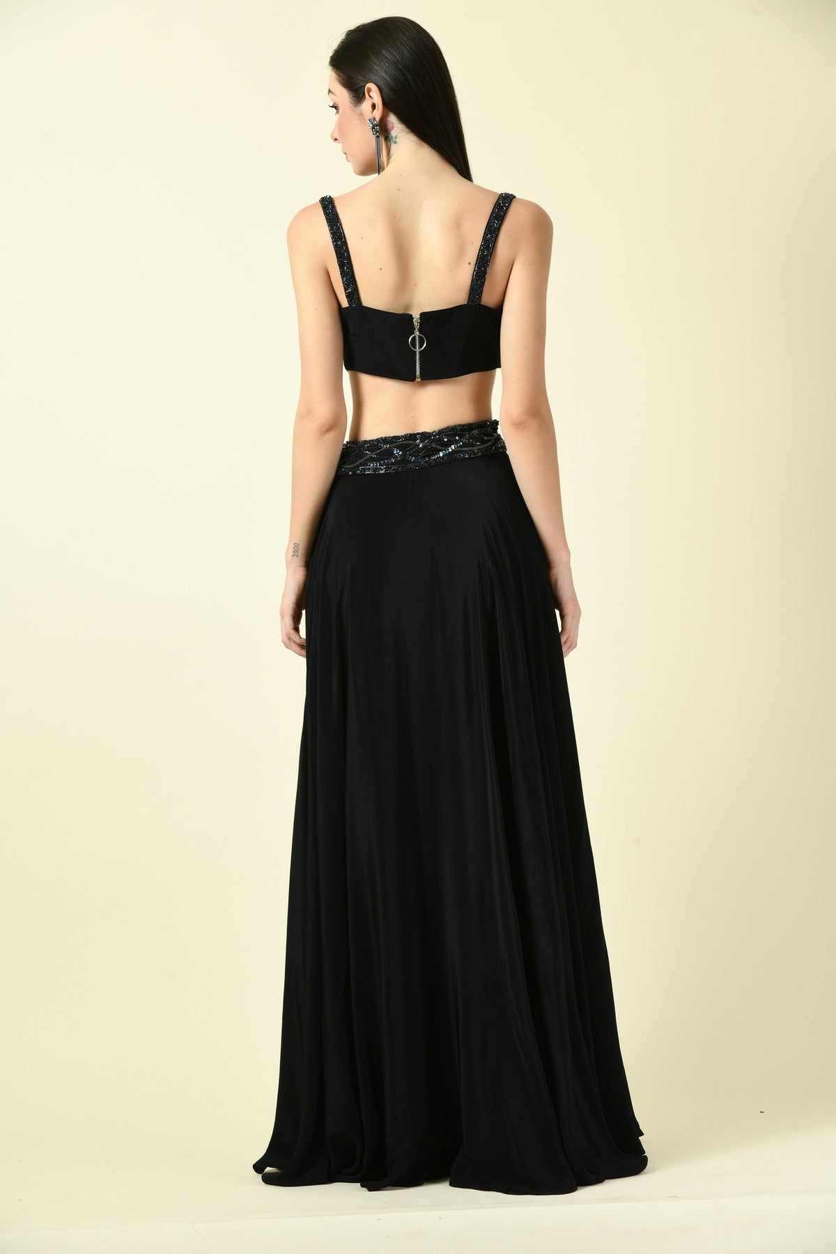 Black Hand Embellished Crop Top and Lehenga Set