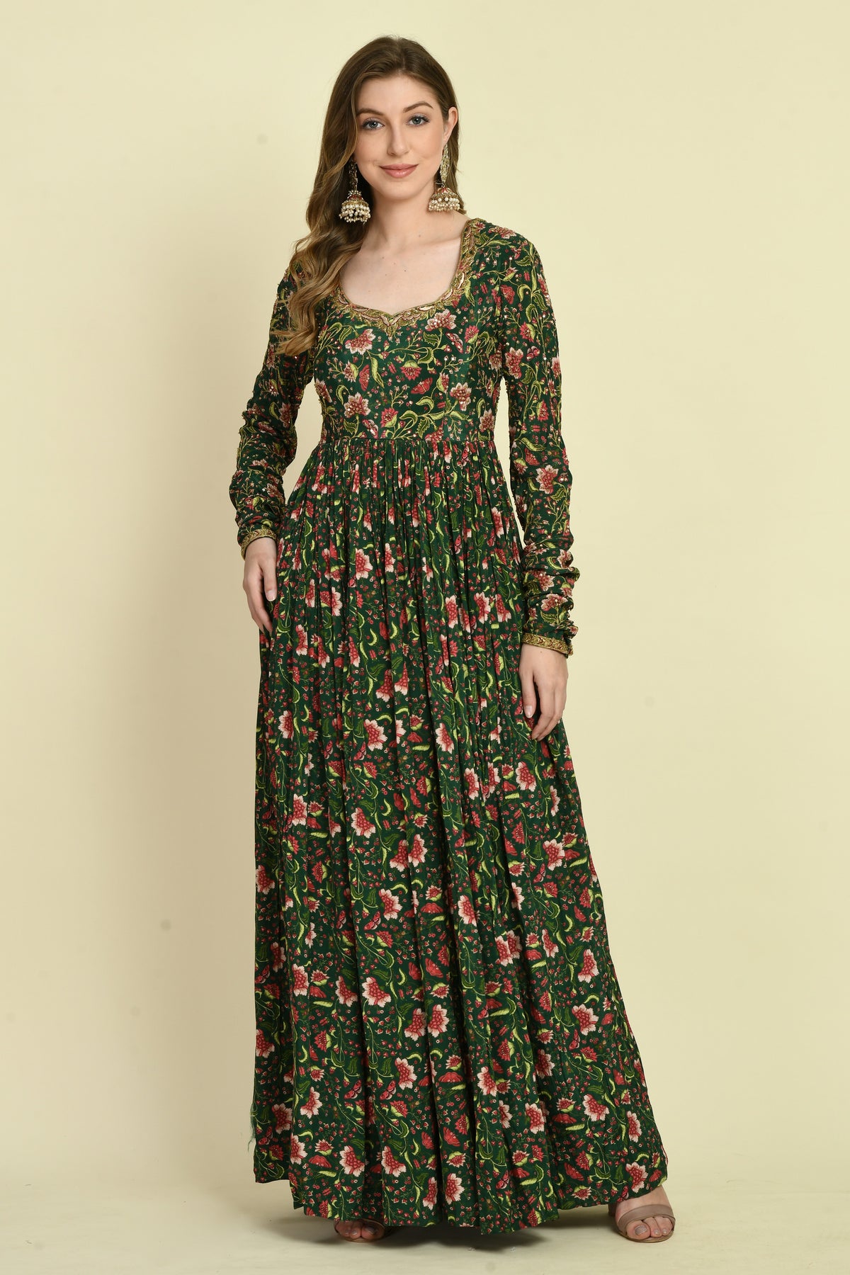 Green Floral Hand Embellished Full-Sleeve Long Dress with Designer Back