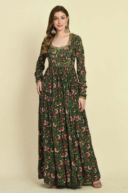 Green Floral Hand Embellished Full-Sleeve Long Dress with Designer Back