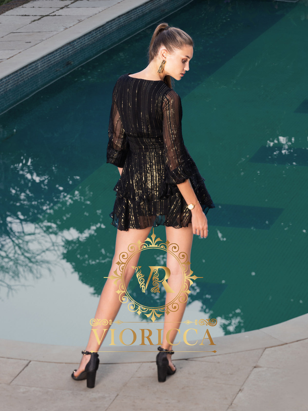 Black and Gold Foil Double-Frill Chiffon Short Dress