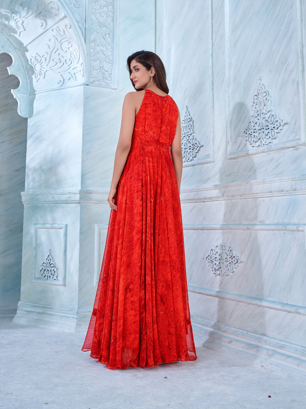 Red Prism Print Halter Neck Front-Slit Long Dress