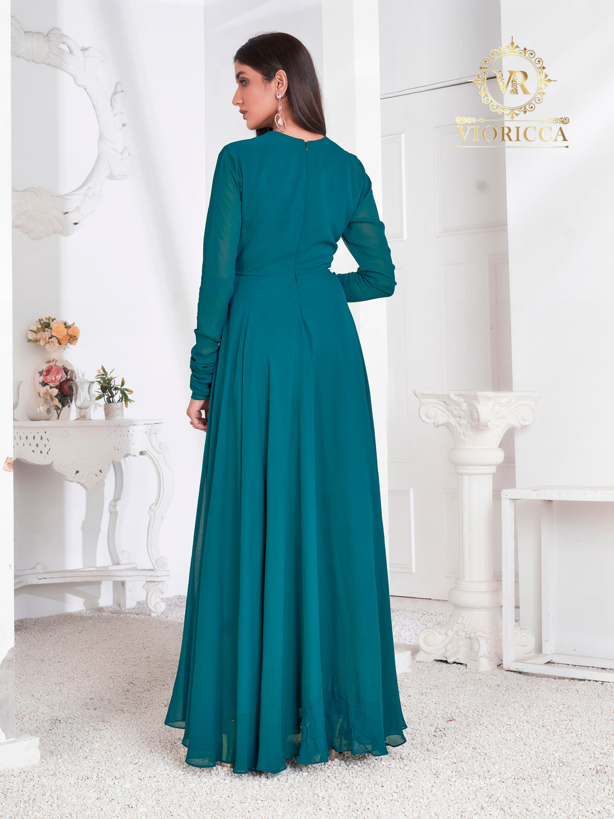 Miranda – Rama Green Hand Embellished V-Neck Long Dress