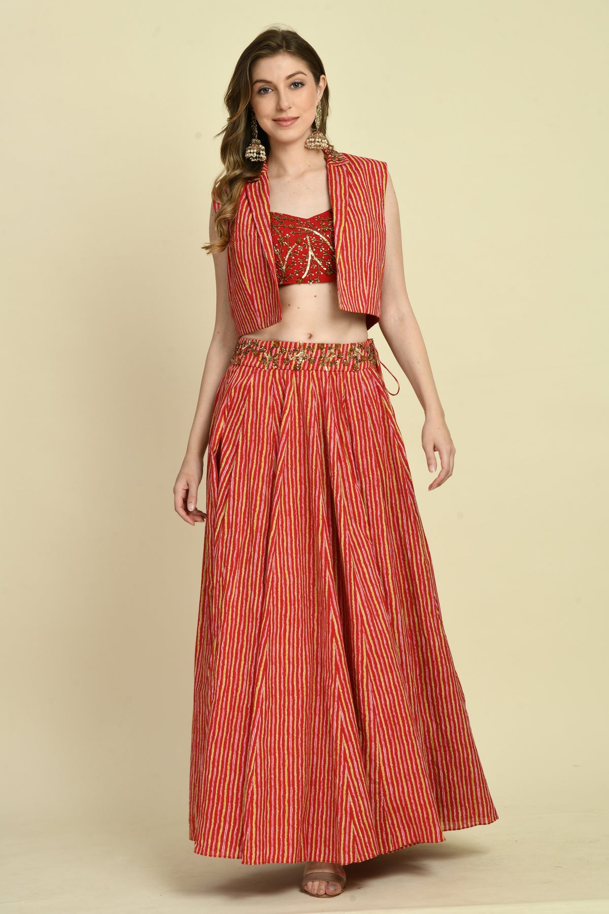 Hand Embellished Cotton Print Skirt Set with Crop Top and Jacket