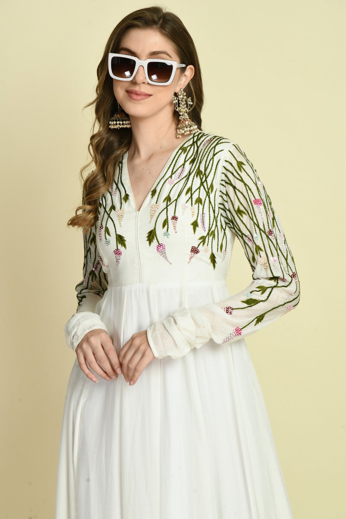 Bottle Green Floral Hand Embellished Full-Sleeve Crepe Long Dress