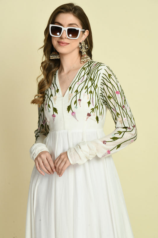 Bottle Green Floral Hand Embellished Full-Sleeve Crepe Long Dress