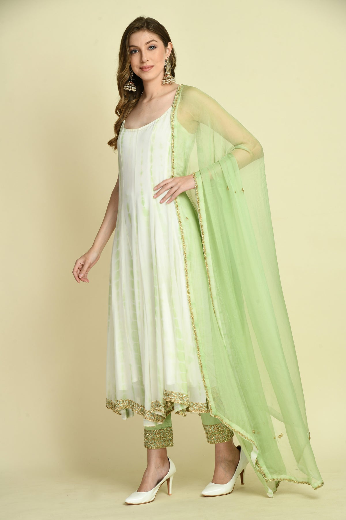 Hand Embellished Long Dress Set with Straight Pant and Dupatta