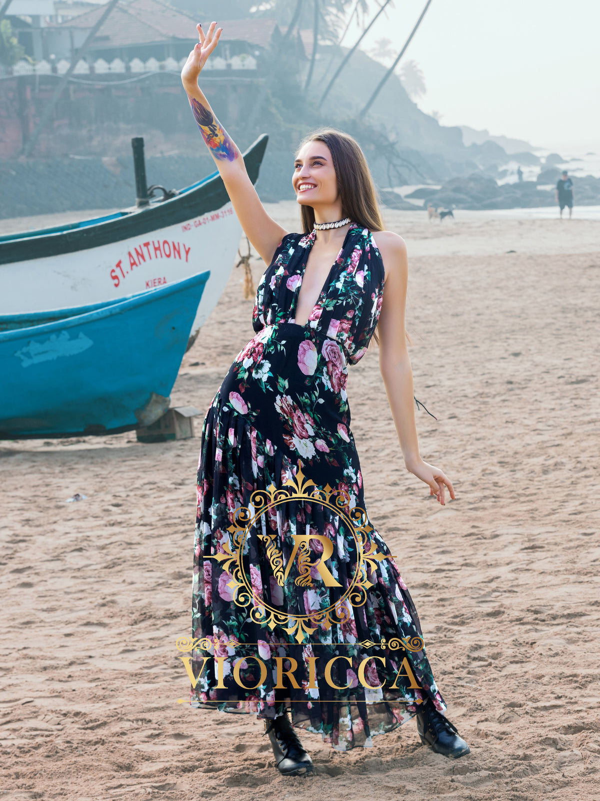 Cross-Front Backless Maxi Dress — Floral Print
