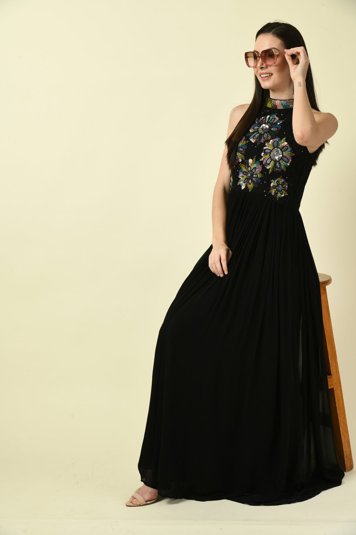 Black Hand Embellished Halter Neck Long Dress